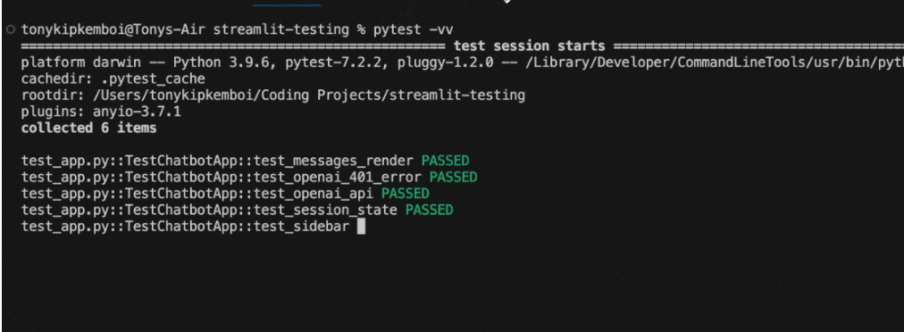 An example of the App test API running a test and showing the results