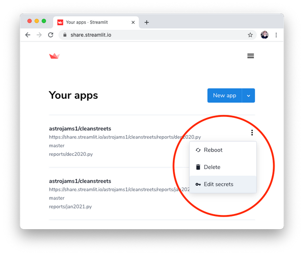 Add secrets to your Streamlit apps